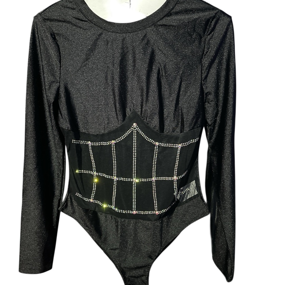 Shein Black Sparkle Long Sleeve Bodysuit with Rhinestone Detail
